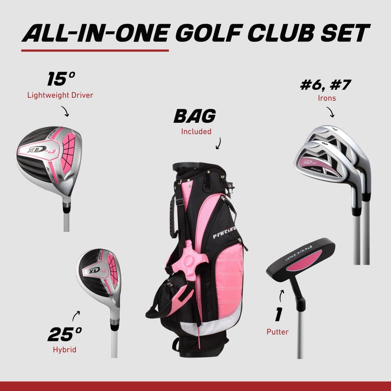 Precise XD-J Kids Golf Clubs Set â€“ Boysâ€™ & Girlsâ€™ Junior Golf Set with Lightweight Graphite Shafts, Hybrid, Putter & Stand Bag - Pink Ages 9-12 â€“ Right-Handed - Image 2
